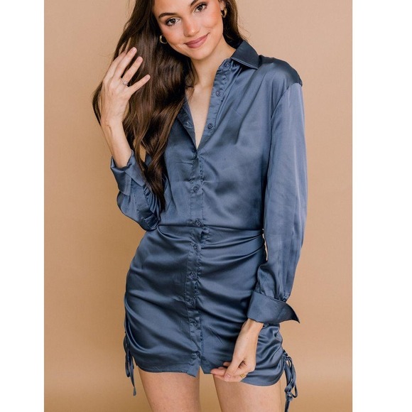Mable Medium M Gray Blue Satin Mini Dress Long Sleeve Button Down Ruched - Picture 1 of 8
